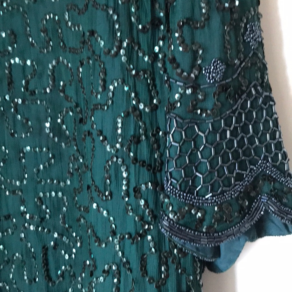 Vintage silk beaded dress. Dk green 2X midi